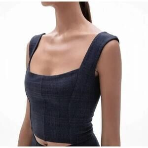 NWT ONA by YOON CHUNG Madison Bustier Top navy Plaid Sleeveless Back Zip…